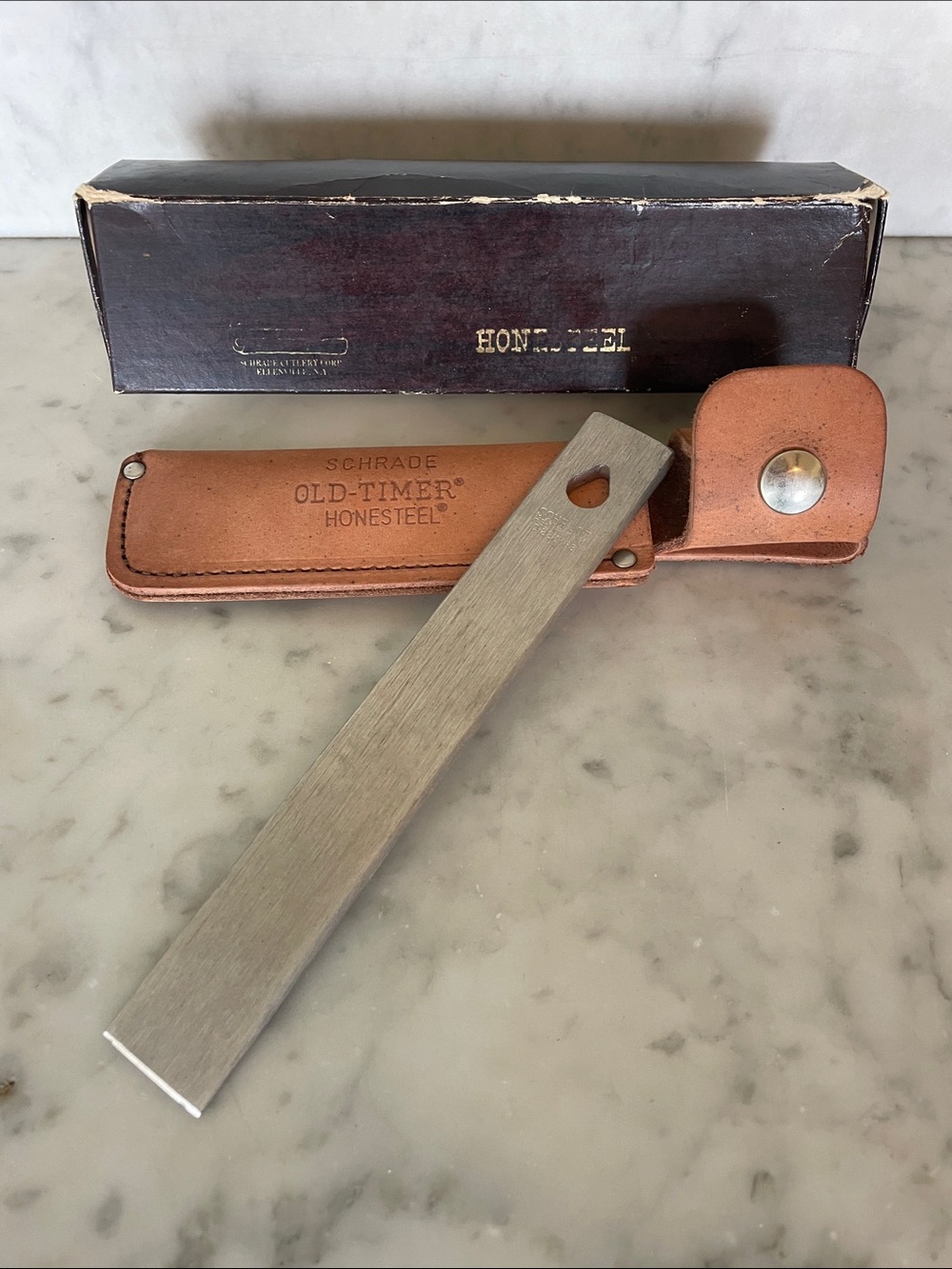 SCHRADE The Old-Timer Silver Honesteel Sharpener & Brown Leather Sheath IOB